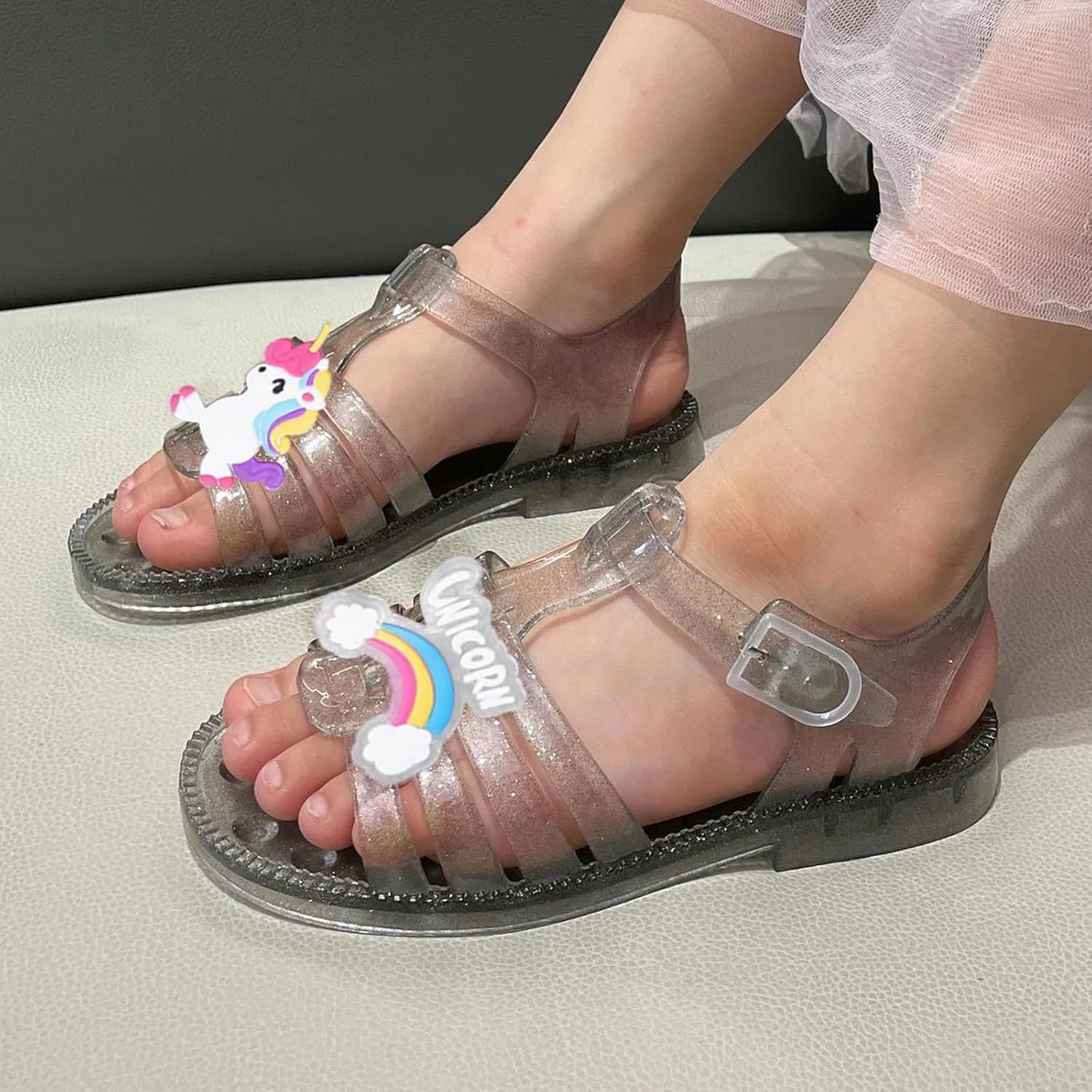 Girls Jelly Sandals Rainbow Summer Princess Dress Up Flats Shoes Mary Jane Shoes Birthday Party Dance Casual Flat Sandals