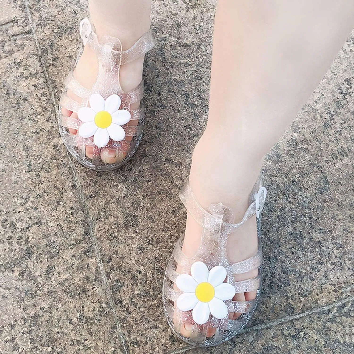Girls Kids Jelly Soft Sandals Flower Pep Toe Adjusted Strap Summer Water Shoes Baby Toddler Shower Funny Sandals
