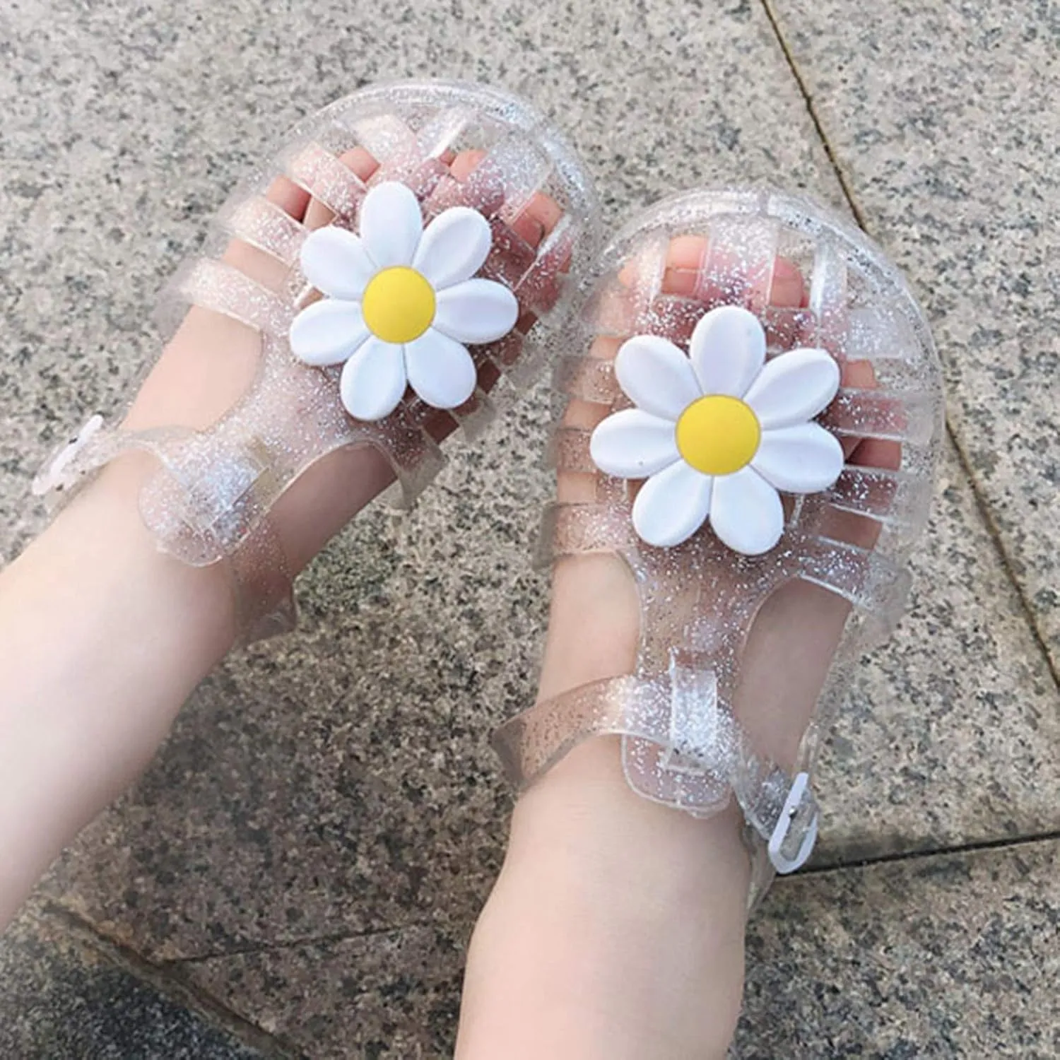 Girls Kids Jelly Soft Sandals Flower Pep Toe Adjusted Strap Summer Water Shoes Baby Toddler Shower Funny Sandals