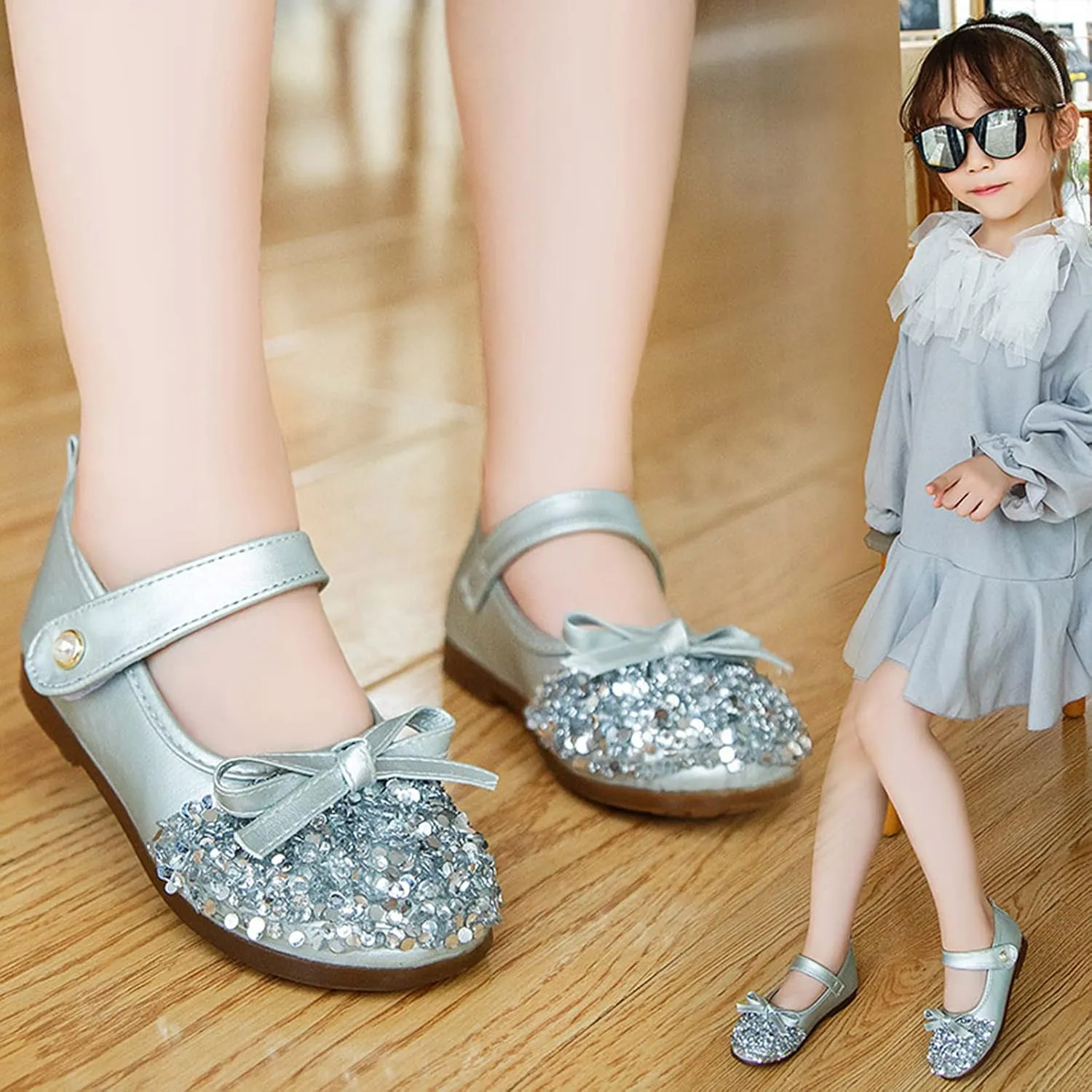 Girls Kids Pearl Sequins Bow Sandals Summer Closed Toe Ankle Shoes Toddler Gold ow Heels Dress Dance Shoes