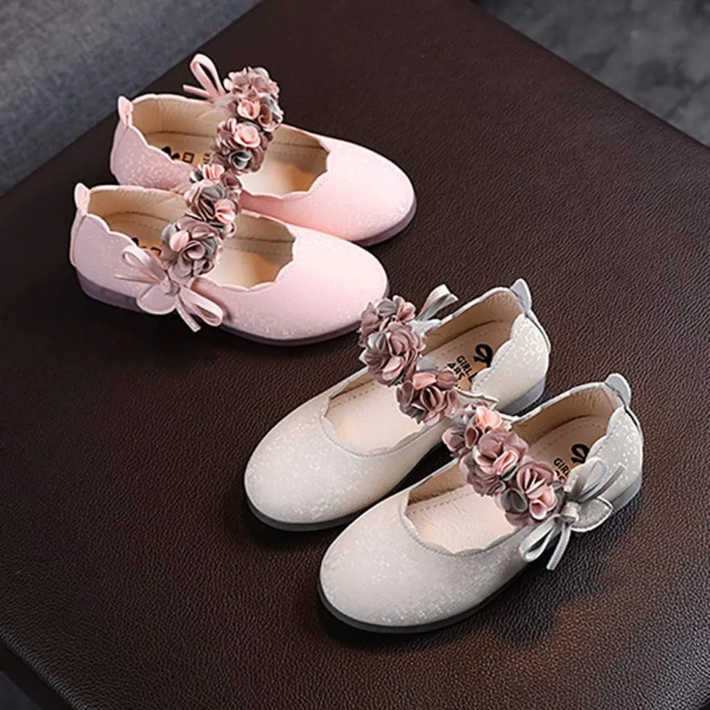 Girls Mary Jane Dress Shoes Flowers Strap Bows Pump Low Heels Kids Baby Soft Sole Floral Princess Wedding Dress Flat