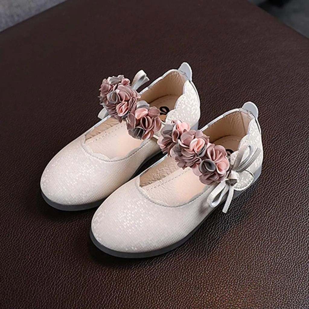 Girls Mary Jane Dress Shoes Flowers Strap Bows Pump Low Heels Kids Baby Soft Sole Floral Princess Wedding Dress Flat