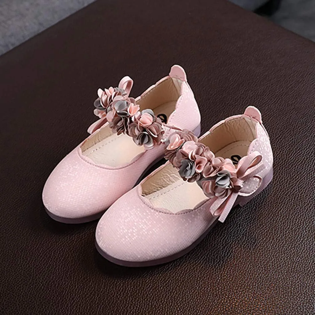 Girls Mary Jane Dress Shoes Flowers Strap Bows Pump Low Heels Kids Baby Soft Sole Floral Princess Wedding Dress Flat