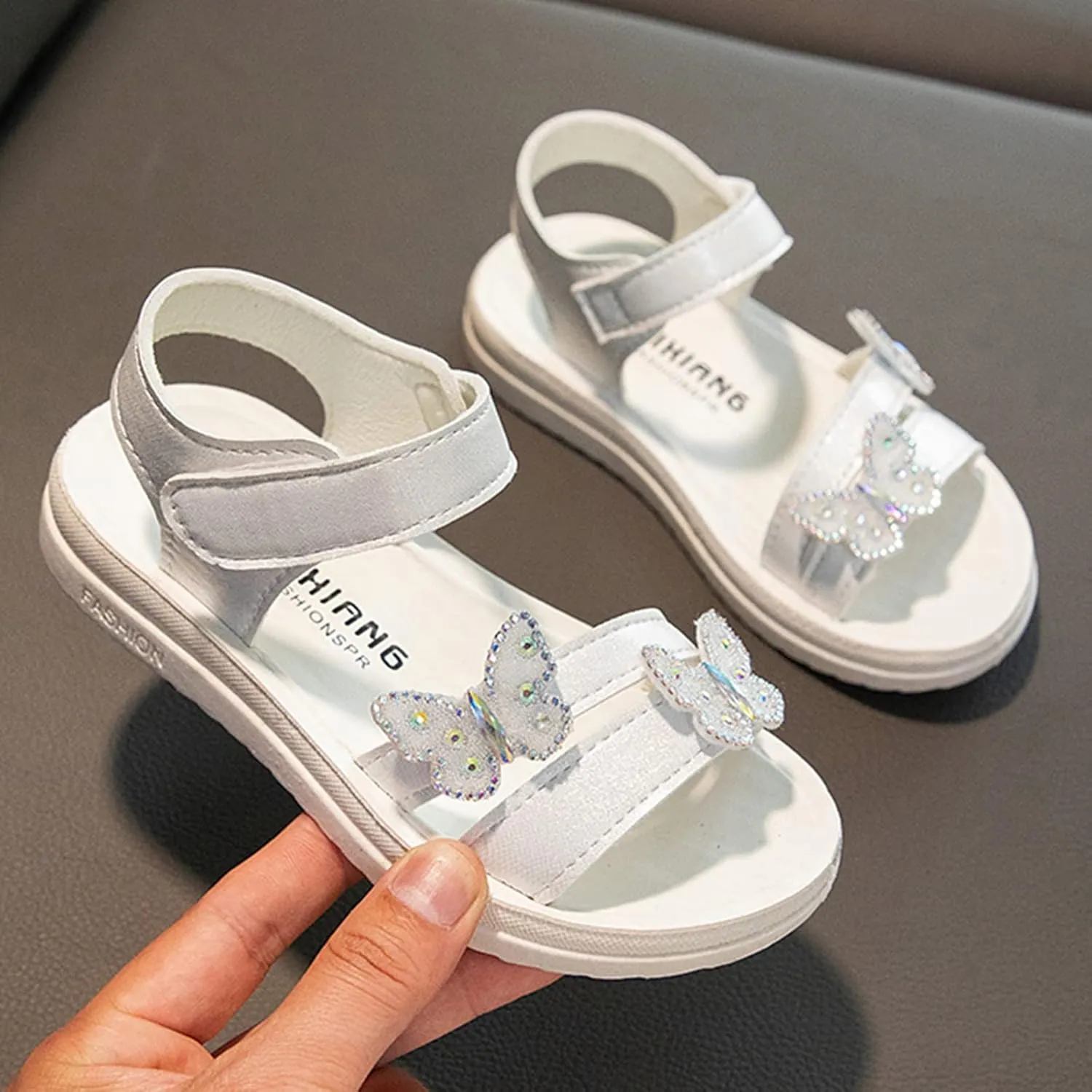 Girls Sandals Butterfly School Party Flat Sandal Anti-Slip Open Toe Double Strap Summer Dress Shoes