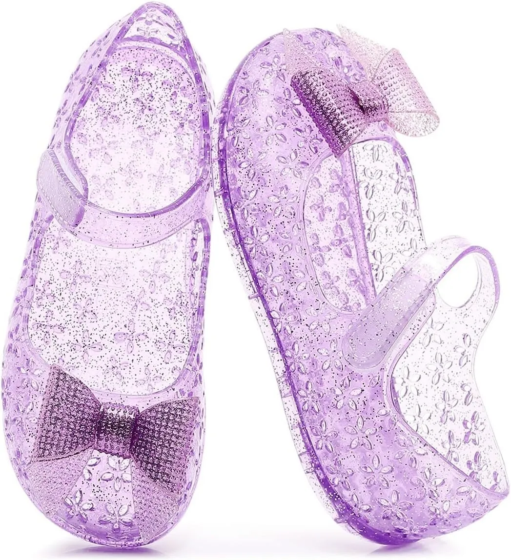 Glitter Jelly Sandals for Girls Kids Mary Jane Dance Party Cosplay Shoes Bowknot Fancy Princess Dress Up Flat Summer Sandals