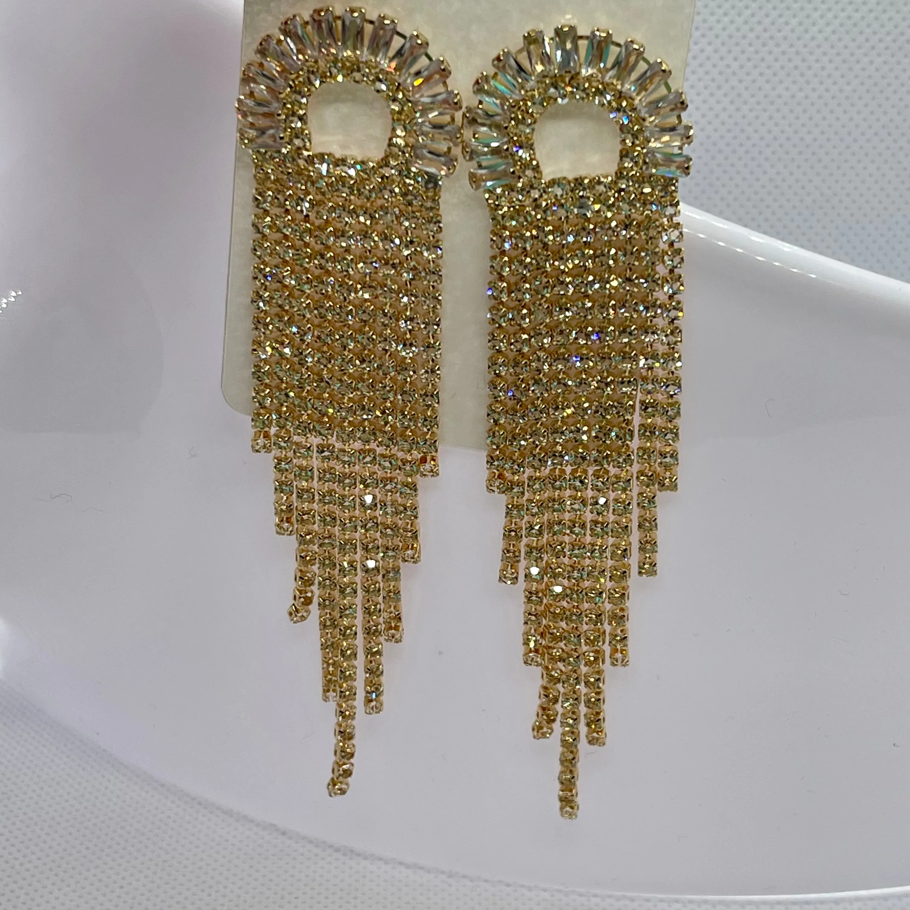 Gold Tassel Rhinestone Earrings Womens Chandelier Drop Fringe Jewelry New