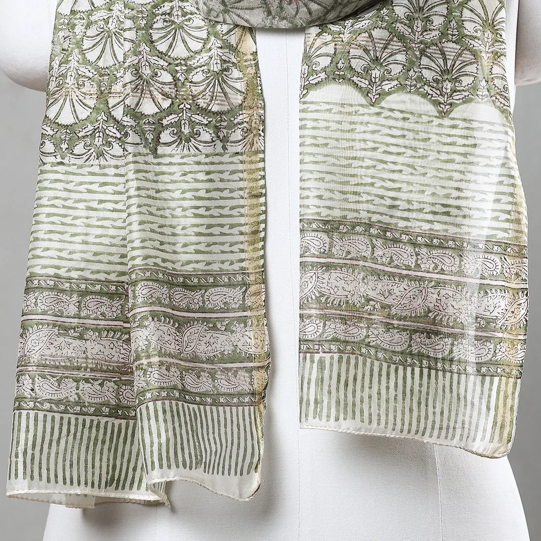 Green - Sanganeri Block Printed Chanderi Silk Handloom Stole