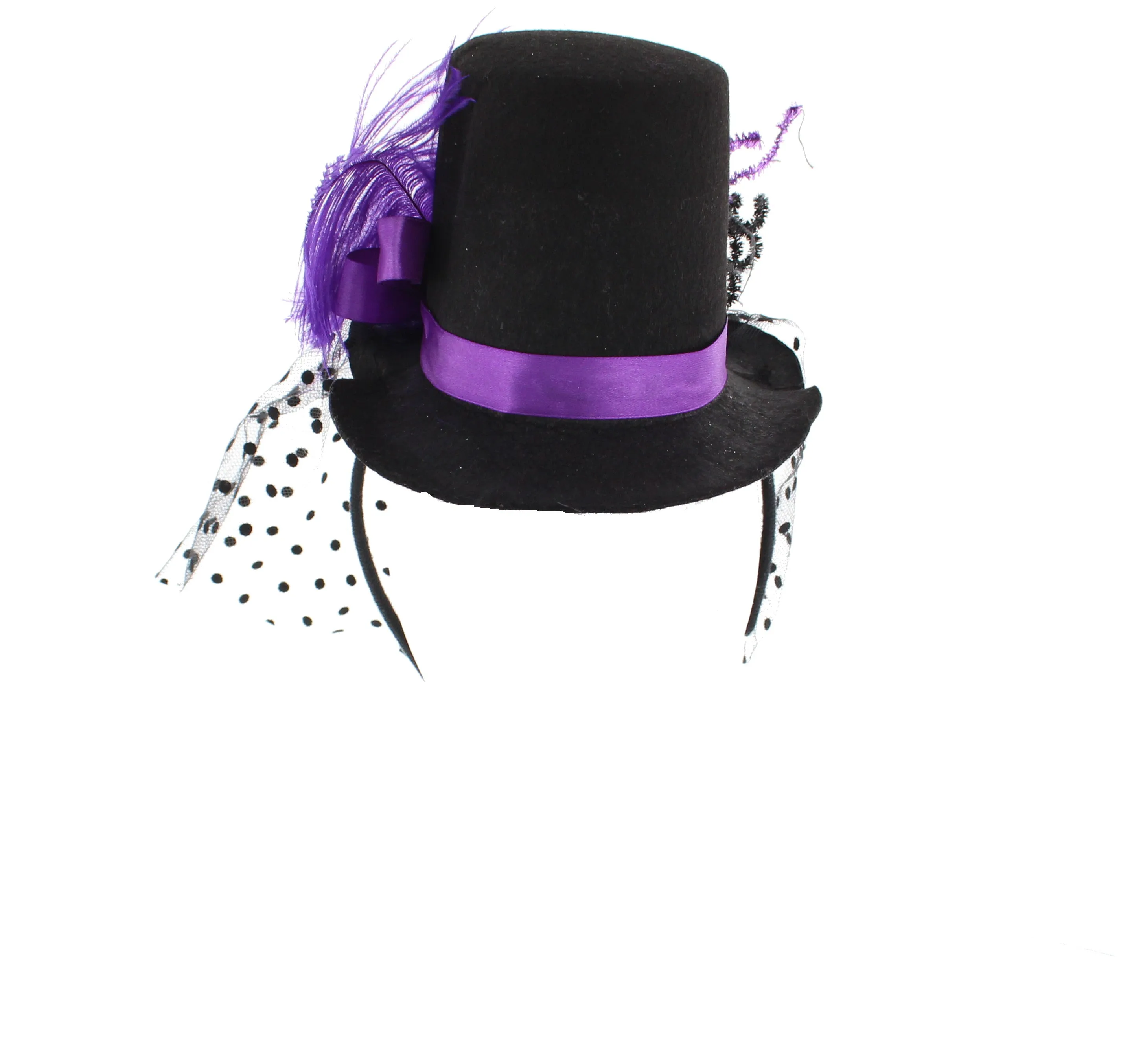 Halloween Top Hat Fascinator with Veil, Purple Feather & Large Plastic Skull