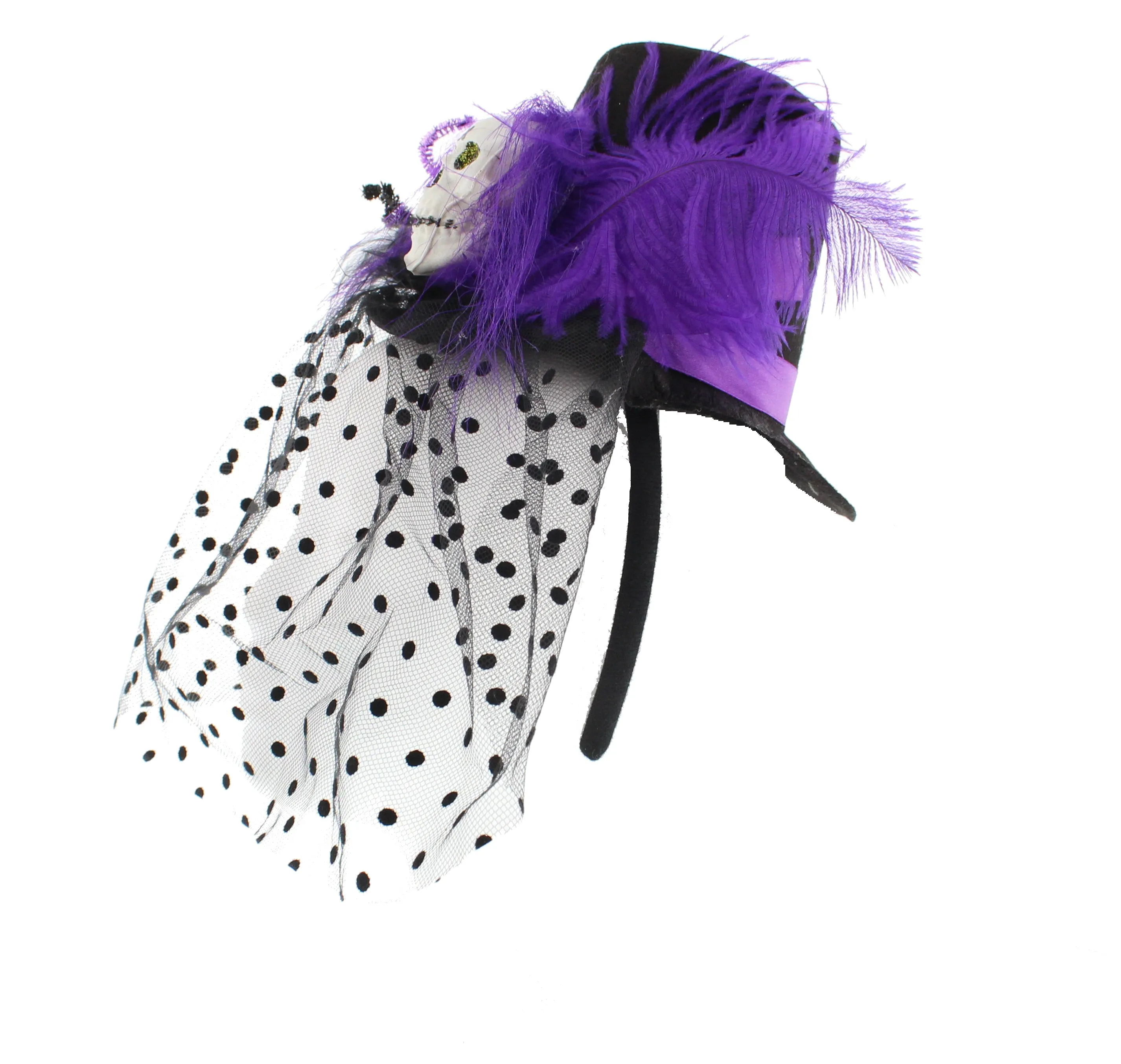 Halloween Top Hat Fascinator with Veil, Purple Feather & Large Plastic Skull