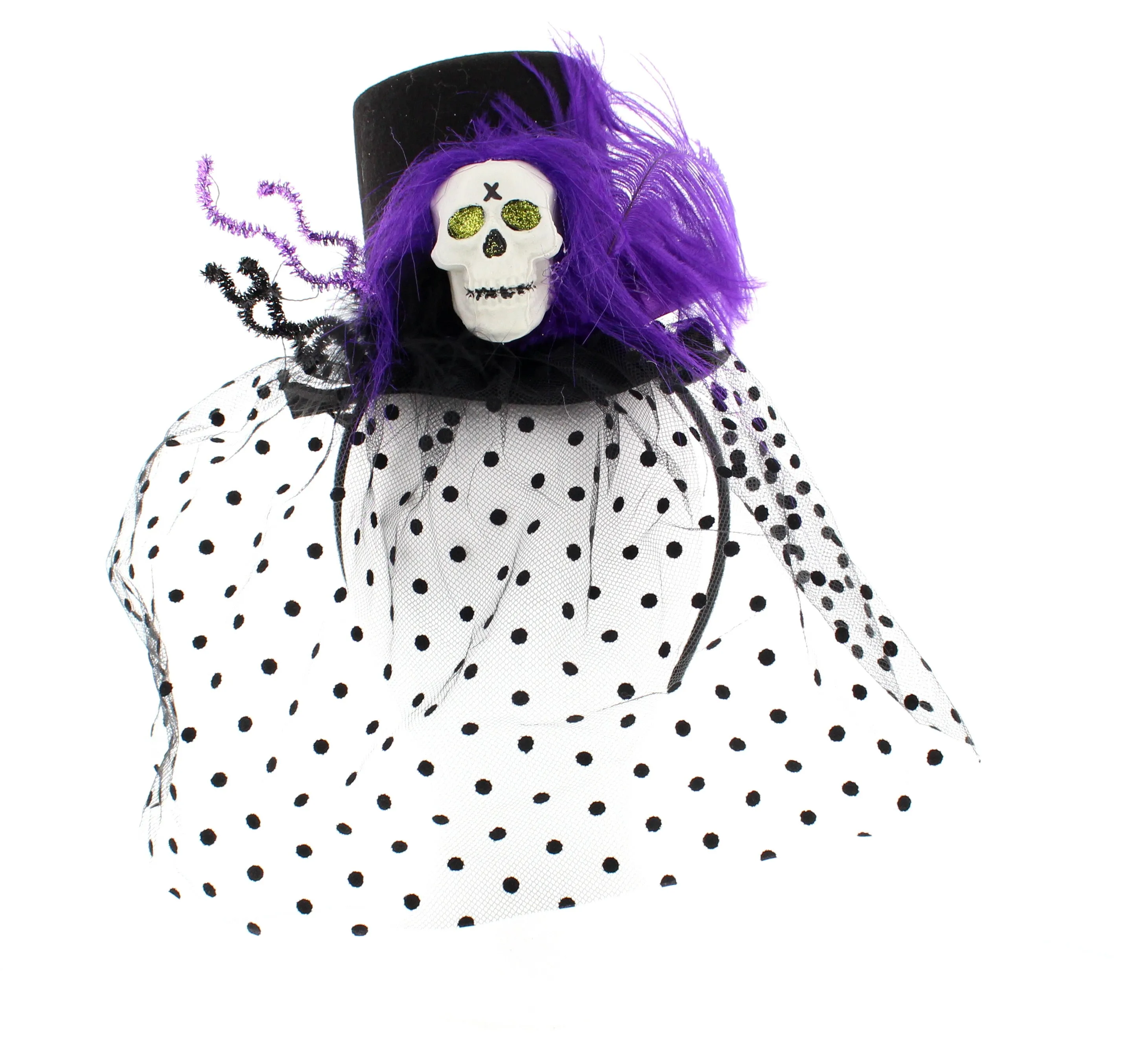 Halloween Top Hat Fascinator with Veil, Purple Feather & Large Plastic Skull