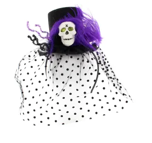 Halloween Top Hat Fascinator with Veil, Purple Feather & Large Plastic Skull