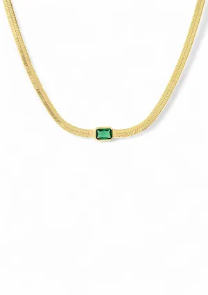Herringbone Chain Necklace With Emerald Glass