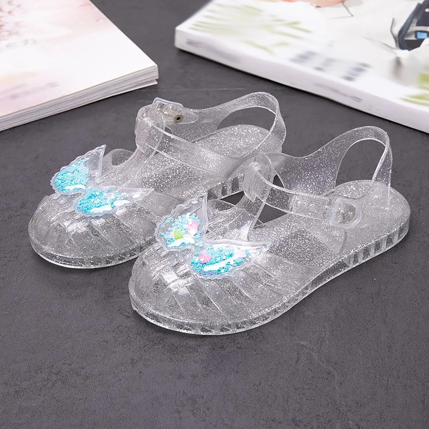 High Heels Sandal for Girls Crystal Jelly Shoes Flashing Butterfly Children Sandals Summer Baby Shoes Girls Trend Leather and Glitter Straps