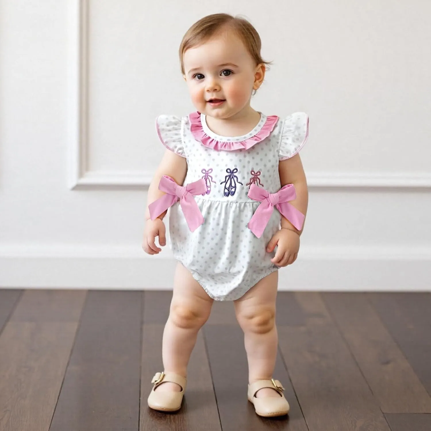 Infant Baby Girl Summer Outfits Ballet Shoes Bow Short Sleeve Romper Smocked Bodysuit Bubble Clothes