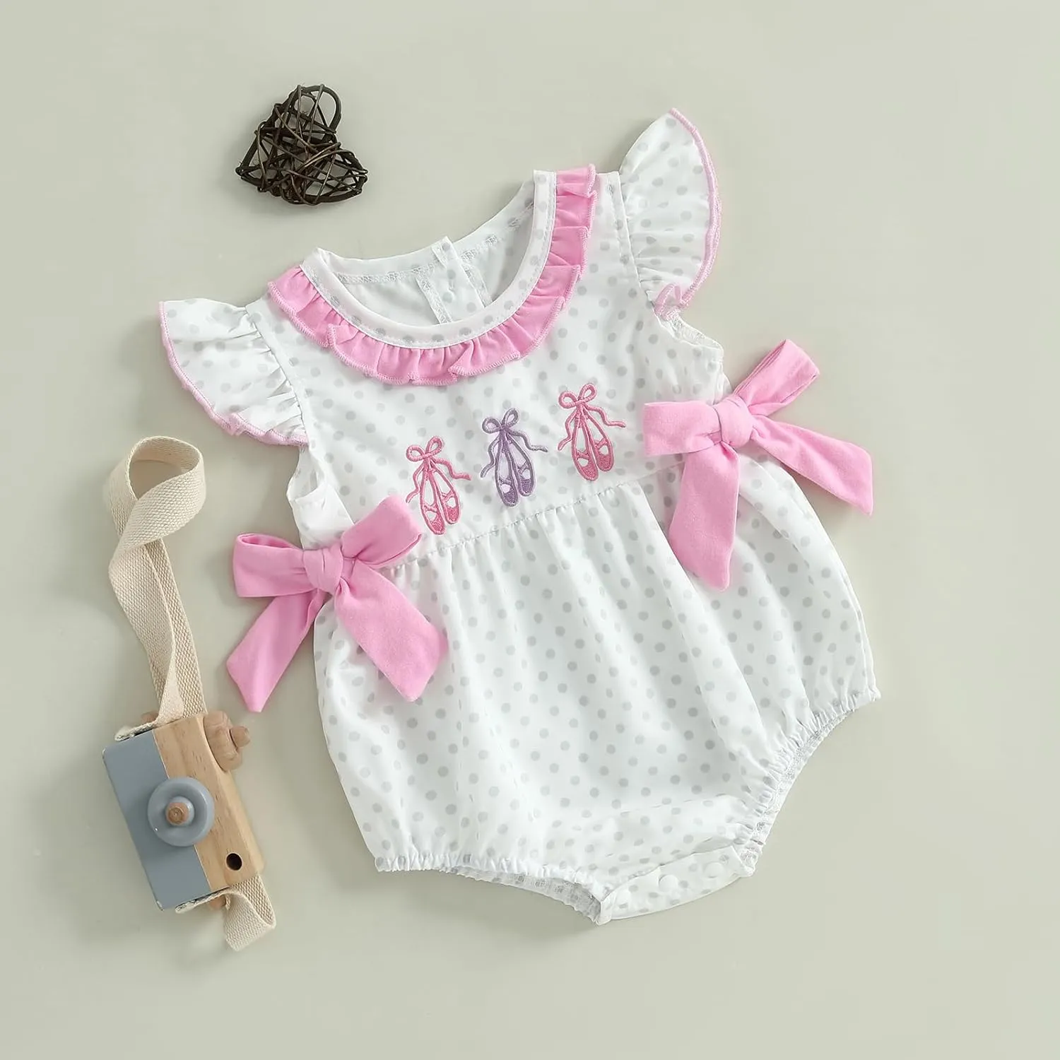 Infant Baby Girl Summer Outfits Ballet Shoes Bow Short Sleeve Romper Smocked Bodysuit Bubble Clothes