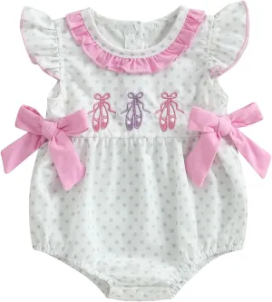 Infant Baby Girl Summer Outfits Ballet Shoes Bow Short Sleeve Romper Smocked Bodysuit Bubble Clothes