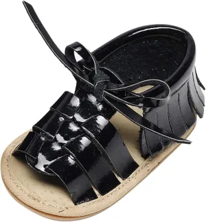 Infant Toddler Baby Girls Boys Shoes Sandals First Walkers Prewalkers Tassels Anti-Slip Soft Sole (Black, 5 Toddler)