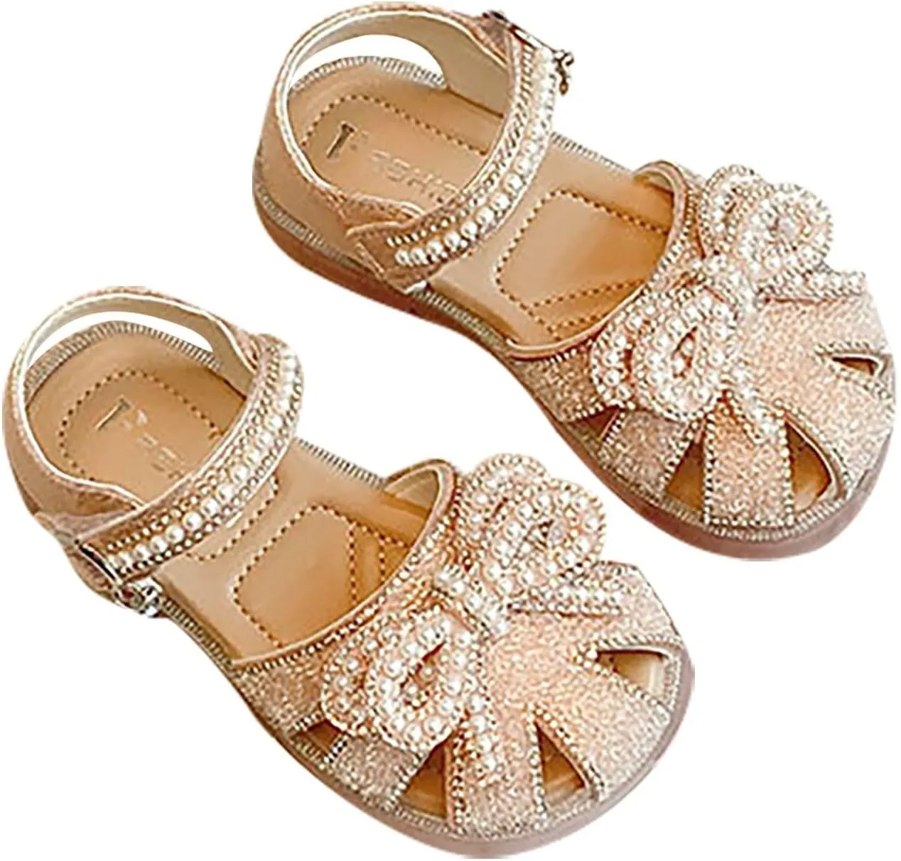 Kids Baby Summer Girls Sparkingly Sandals Closed Toe Pearl Glitter Diamond Crystal Bow Princess Cute High Heels Shoes
