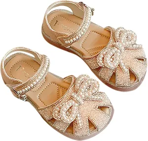 Kids Baby Summer Girls Sparkingly Sandals Closed Toe Pearl Glitter Diamond Crystal Bow Princess Cute High Heels Shoes
