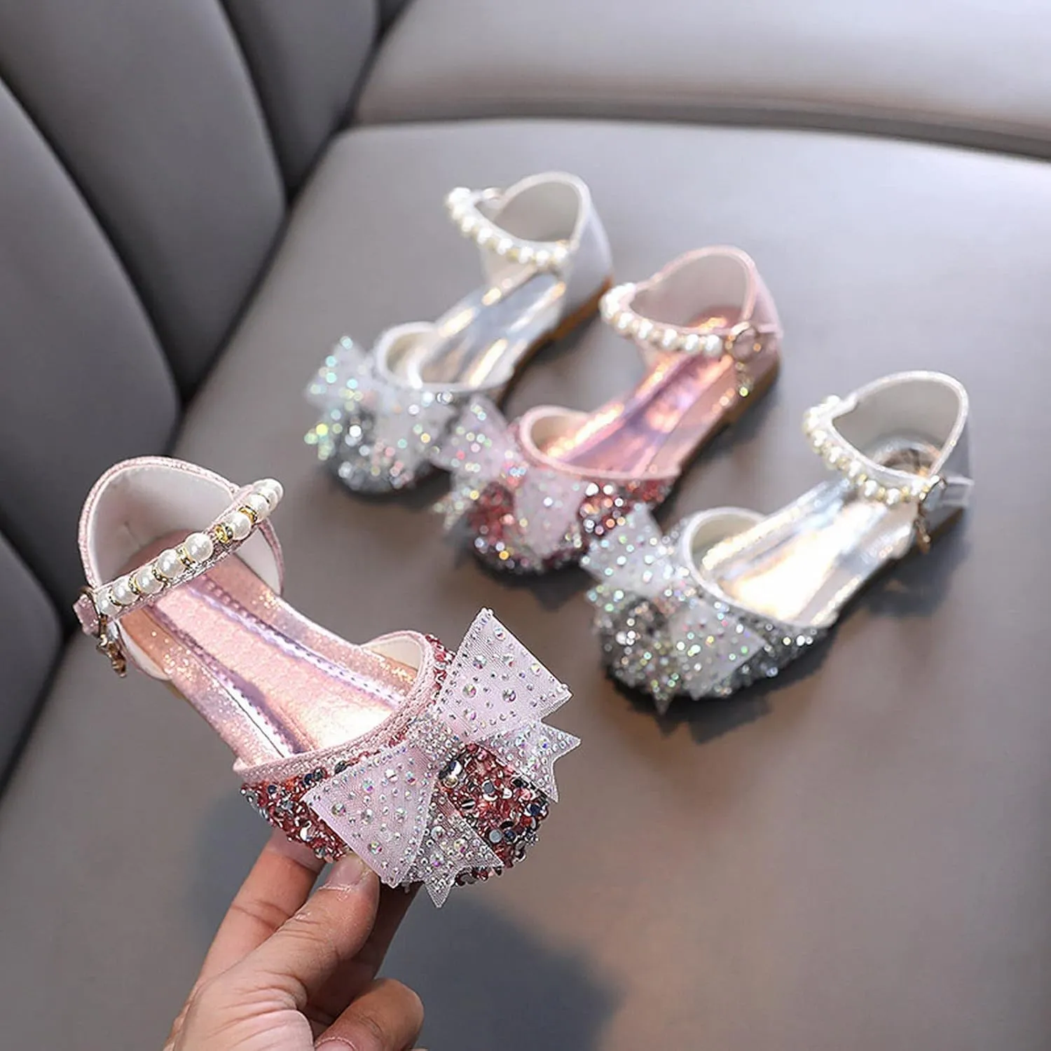 Kids Glitter Sequins Bowknot Princess Mary Jane Platform Princess Sandals Flower Girls Wedding Party Dress Shoes