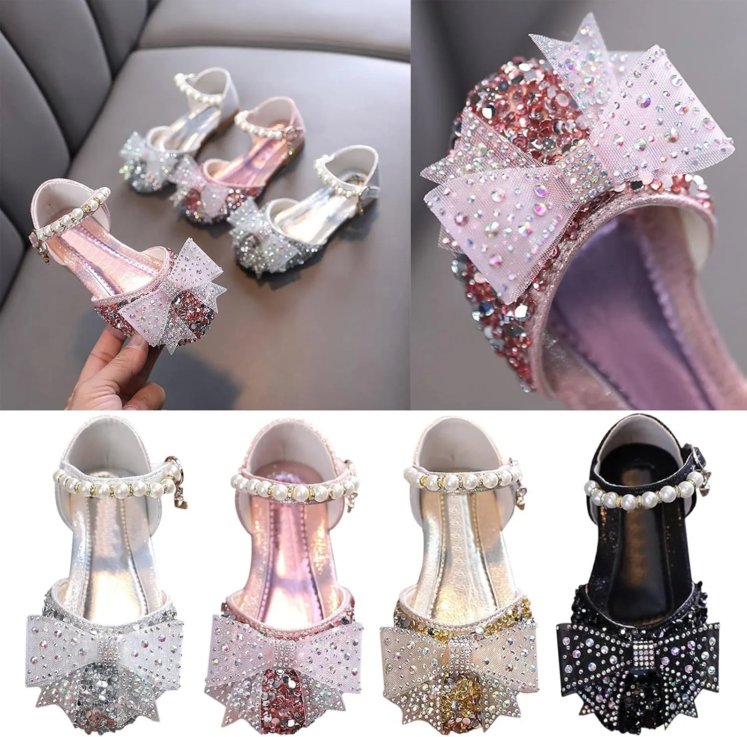 Kids Glitter Sequins Bowknot Princess Mary Jane Platform Princess Sandals Flower Girls Wedding Party Dress Shoes