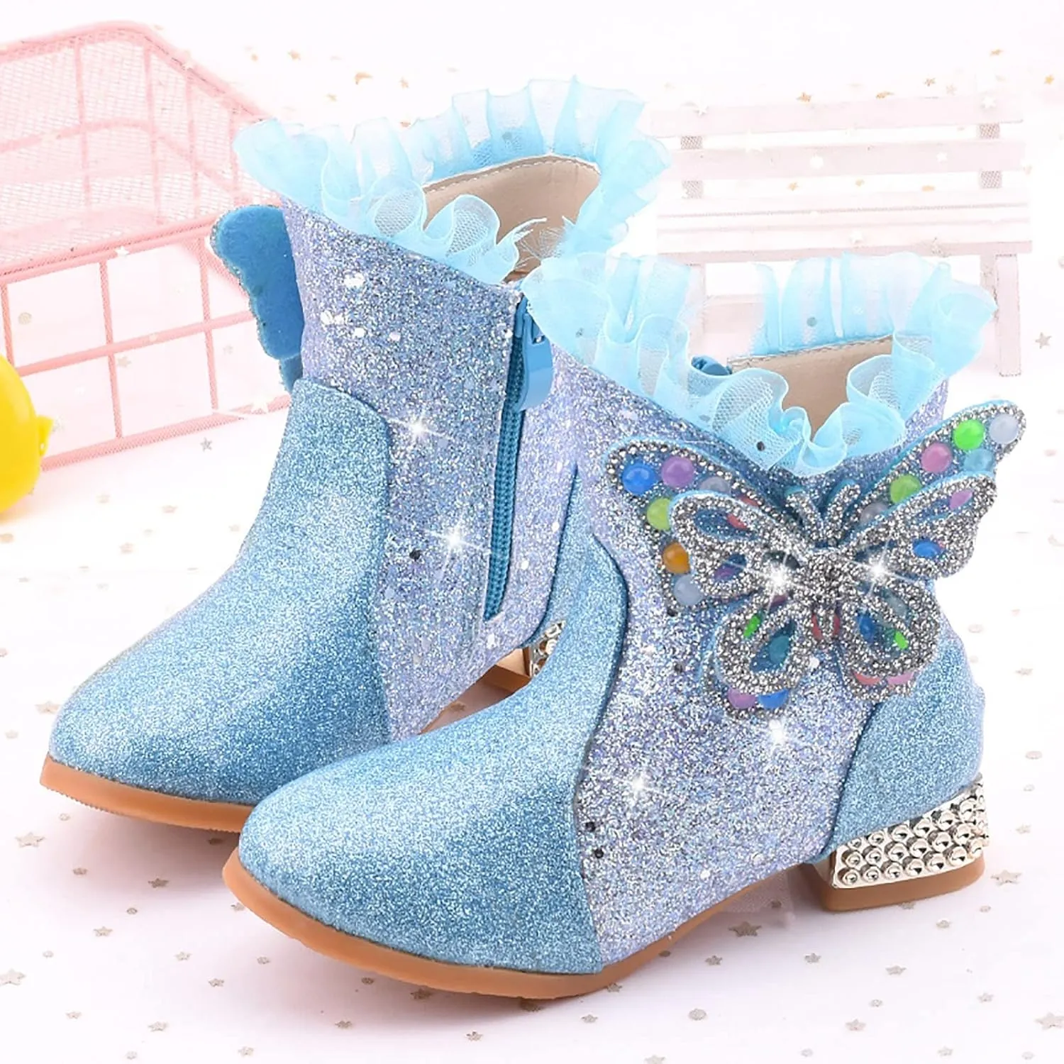 Little Girls Princess Boots Sparkling Diamond Butterfly High Heels Shoes Fleece Warm Soft Zipper Casual Shoes