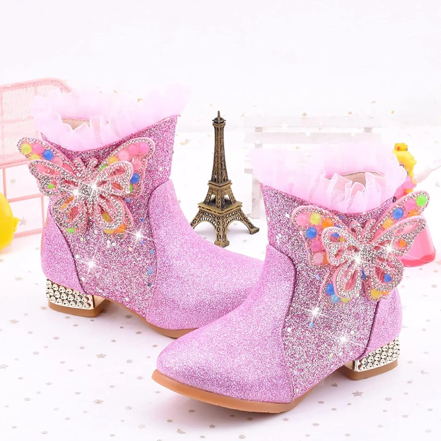 Little Girls Princess Boots Sparkling Diamond Butterfly High Heels Shoes Fleece Warm Soft Zipper Casual Shoes