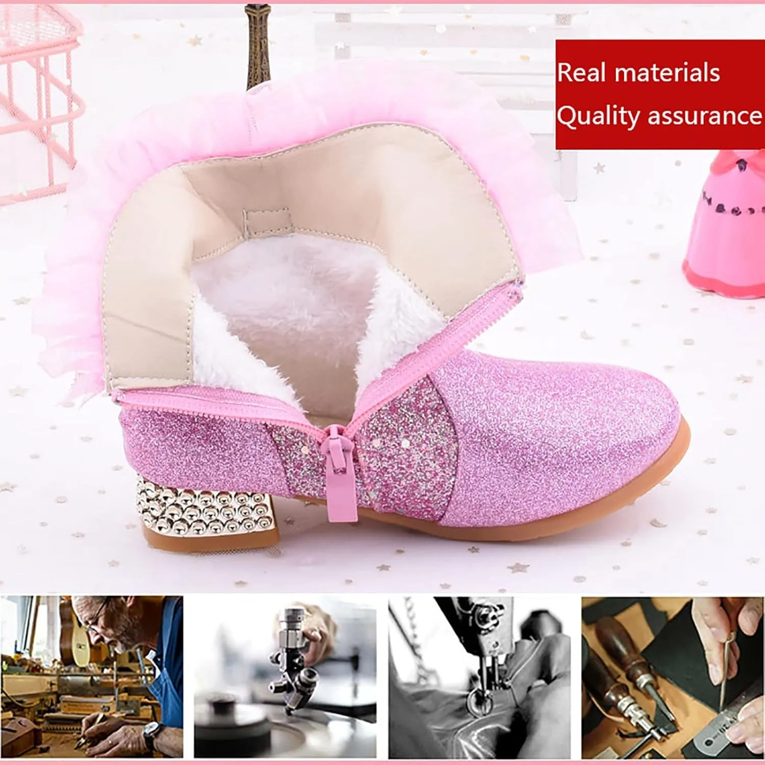 Little Girls Princess Boots Sparkling Diamond Butterfly High Heels Shoes Fleece Warm Soft Zipper Casual Shoes