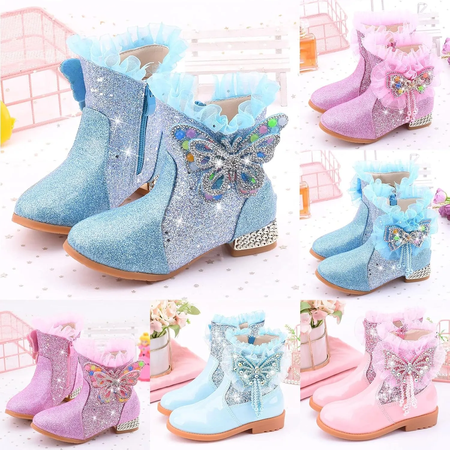 Little Girls Princess Boots Sparkling Diamond Butterfly High Heels Shoes Fleece Warm Soft Zipper Casual Shoes