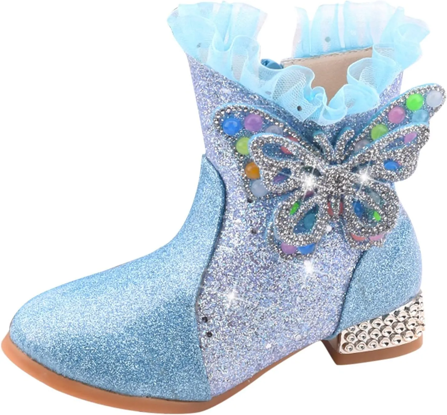 Little Girls Princess Boots Sparkling Diamond Butterfly High Heels Shoes Fleece Warm Soft Zipper Casual Shoes