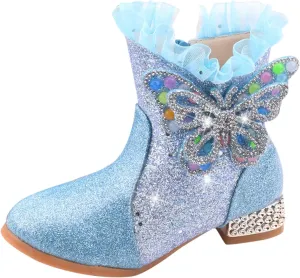 Little Girls Princess Boots Sparkling Diamond Butterfly High Heels Shoes Fleece Warm Soft Zipper Casual Shoes