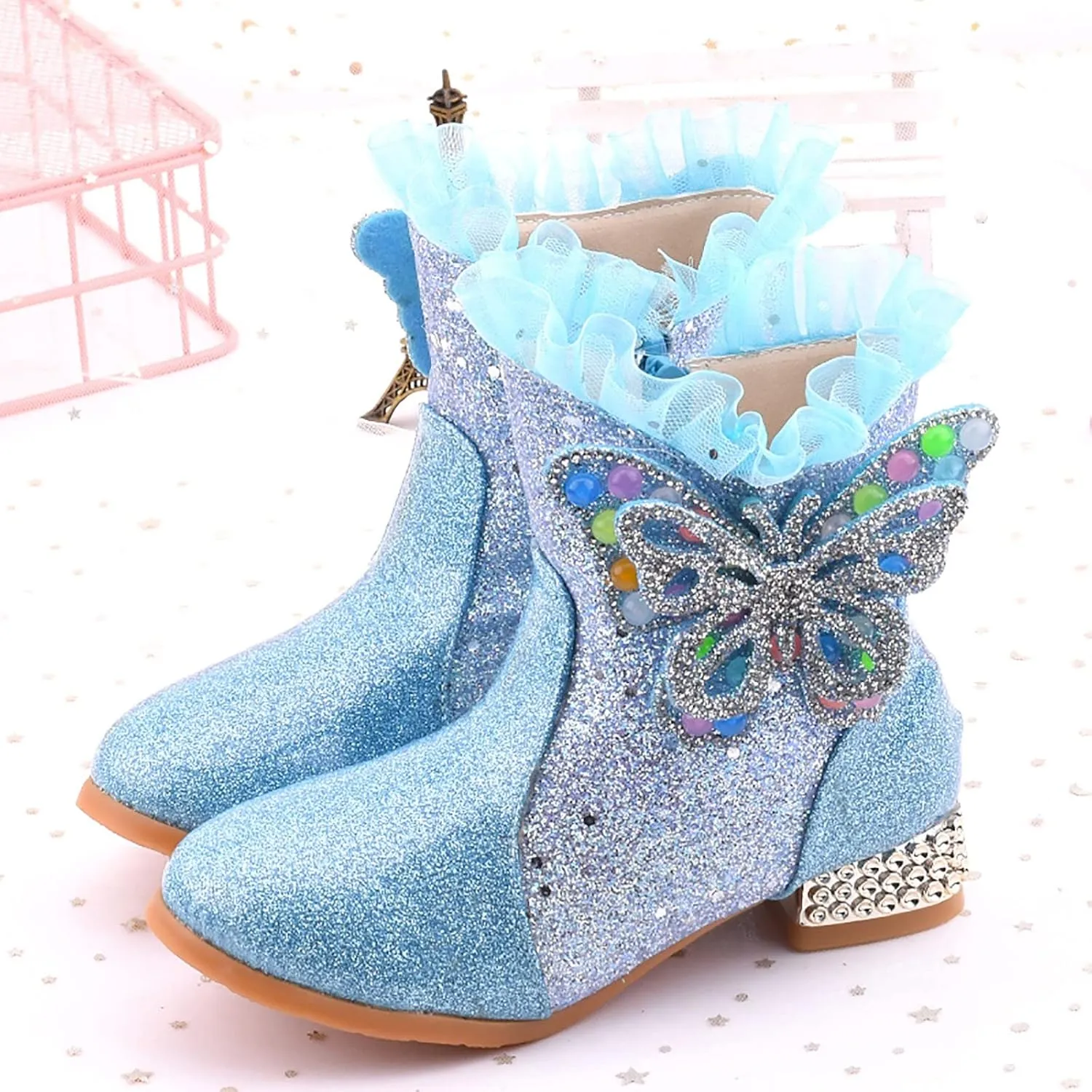 Little Girls Princess Boots Sparkling Diamond Butterfly High Heels Shoes Fleece Warm Soft Zipper Casual Shoes