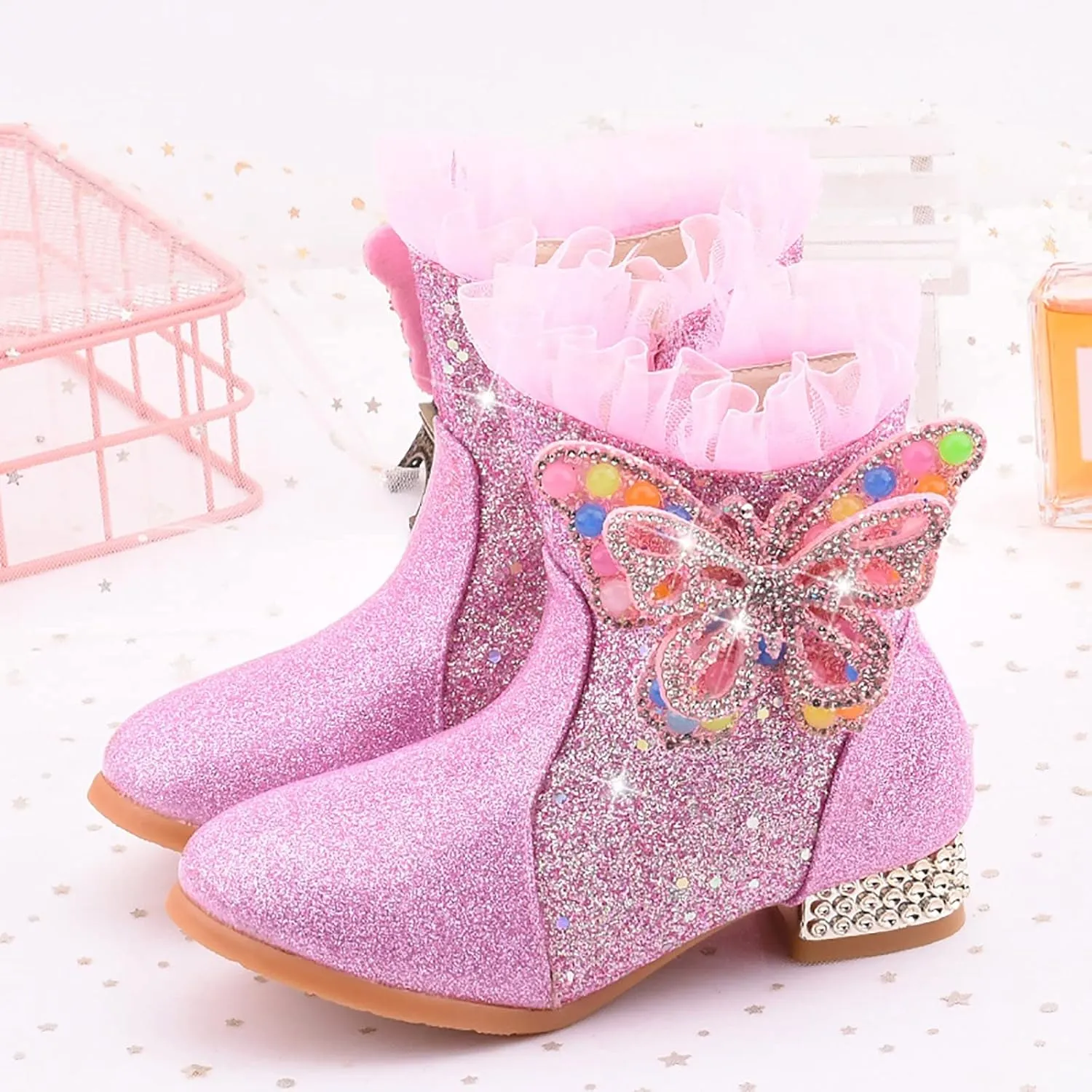 Little Girls Princess Boots Sparkling Diamond Butterfly High Heels Shoes Fleece Warm Soft Zipper Casual Shoes