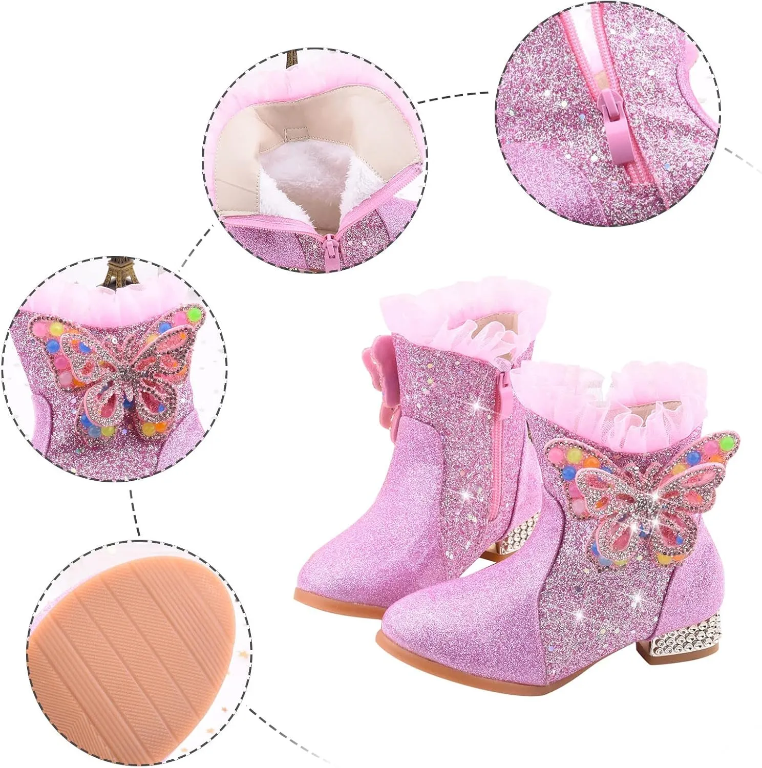 Little Girls Princess Boots Sparkling Diamond Butterfly High Heels Shoes Fleece Warm Soft Zipper Casual Shoes