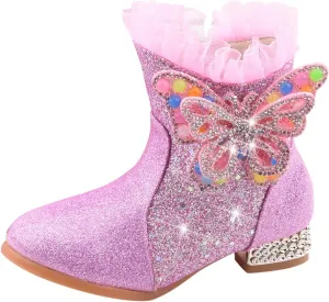 Little Girls Princess Boots Sparkling Diamond Butterfly High Heels Shoes Fleece Warm Soft Zipper Casual Shoes
