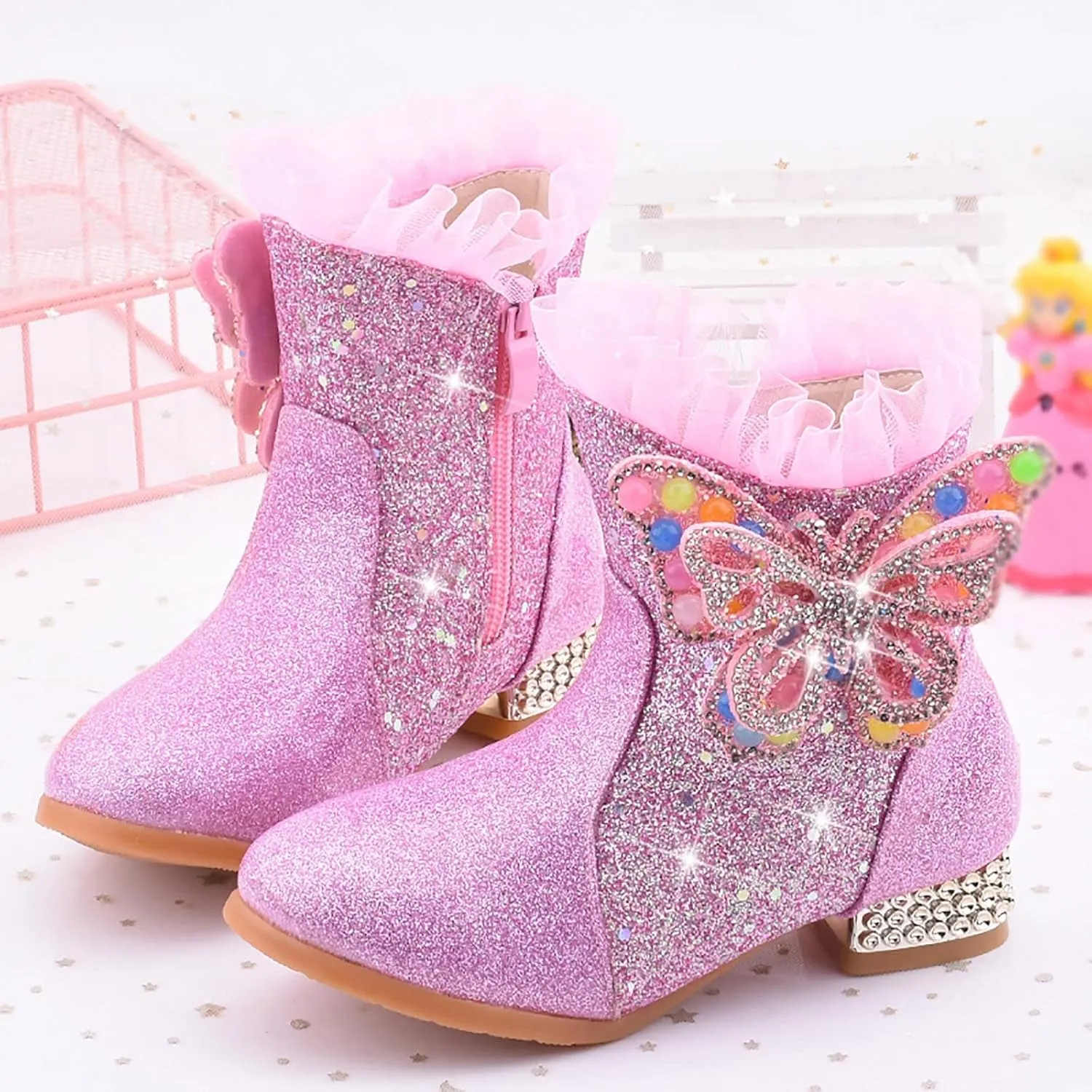 Little Girls Princess Boots Sparkling Diamond Butterfly High Heels Shoes Fleece Warm Soft Zipper Casual Shoes