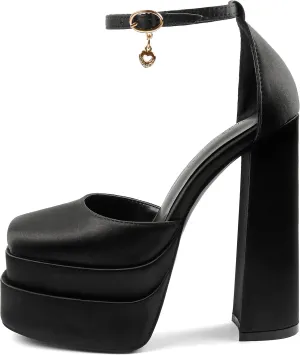 MERUMOTE Womens Sexy High Heels Platforms Pumps Square Toe Chunky Block Heels Rhinestone Party Shoes
