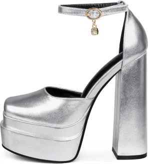 MERUMOTE Womens Sexy High Heels Platforms Pumps Square Toe Chunky Block Heels Rhinestone Party Shoes
