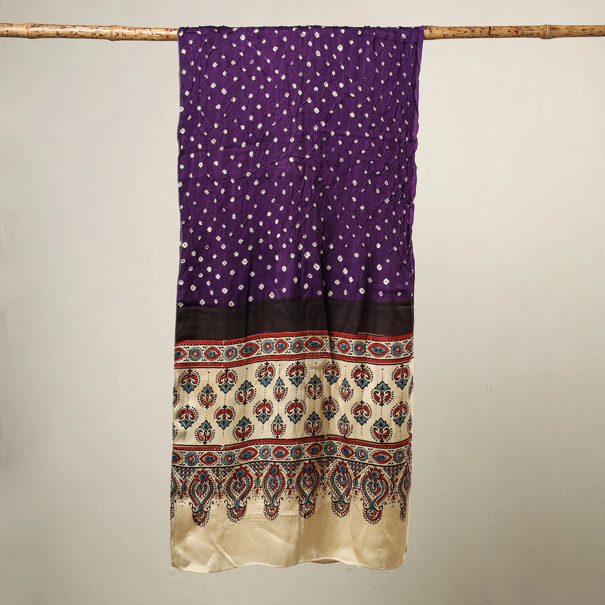 Multicolor - Kutch Bandhani Tie-Dye Ajrakh Block Printed Modal Silk Stole 04