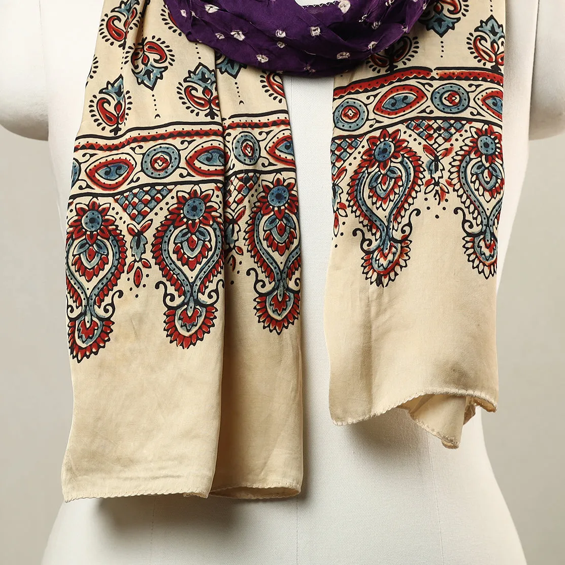 Multicolor - Kutch Bandhani Tie-Dye Ajrakh Block Printed Modal Silk Stole 04