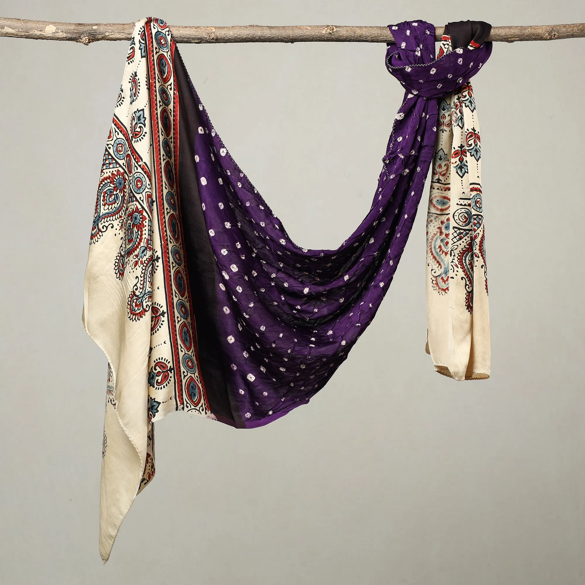 Multicolor - Kutch Bandhani Tie-Dye Ajrakh Block Printed Modal Silk Stole 04