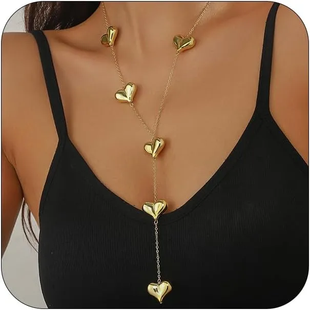 Statement Gold Heart Long Chain Y Necklaces for Women Trendy, Dainty Silver Puffy Love Heart Drop Pendant Charm Necklace Party Valentine Jewelry Gifts