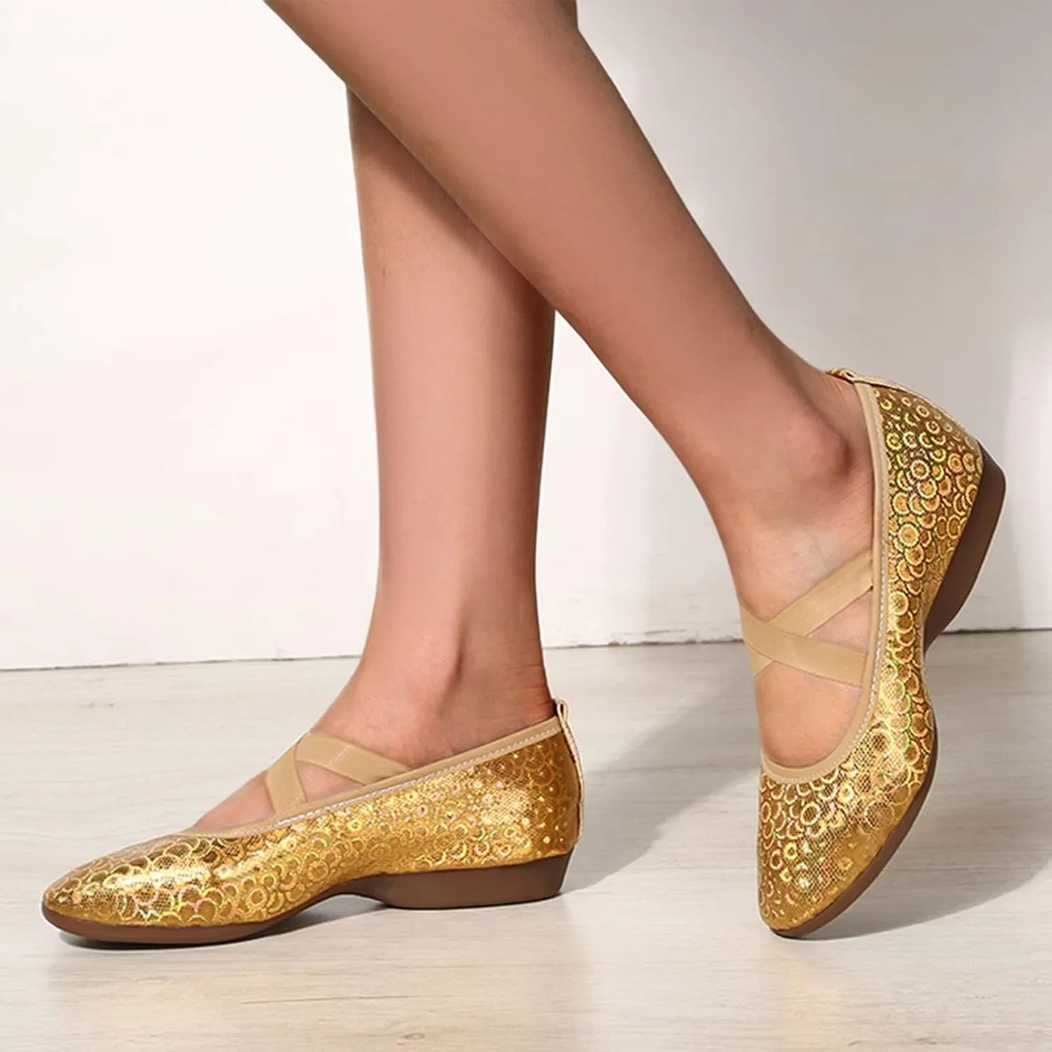 SuanlaTDS Ballet Flat Shoes for Women Comfortable Dressy Latin Dance Shoes Closed Toe Slip on Elastic Strap Casual Shoes Womens Ladies Spring Fall Work Walking Dress Shoes