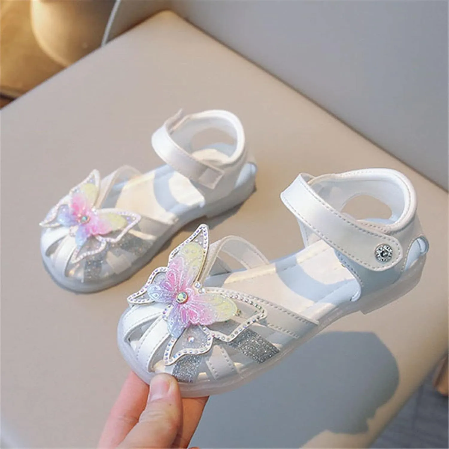 Toddler Girls 3D Butterfly Print Sandals Summer Outdoor Soft Rubber Sole Beach Water Shoes Dress Baby Mary Jane Shoes (White, 13.5 Little Child)