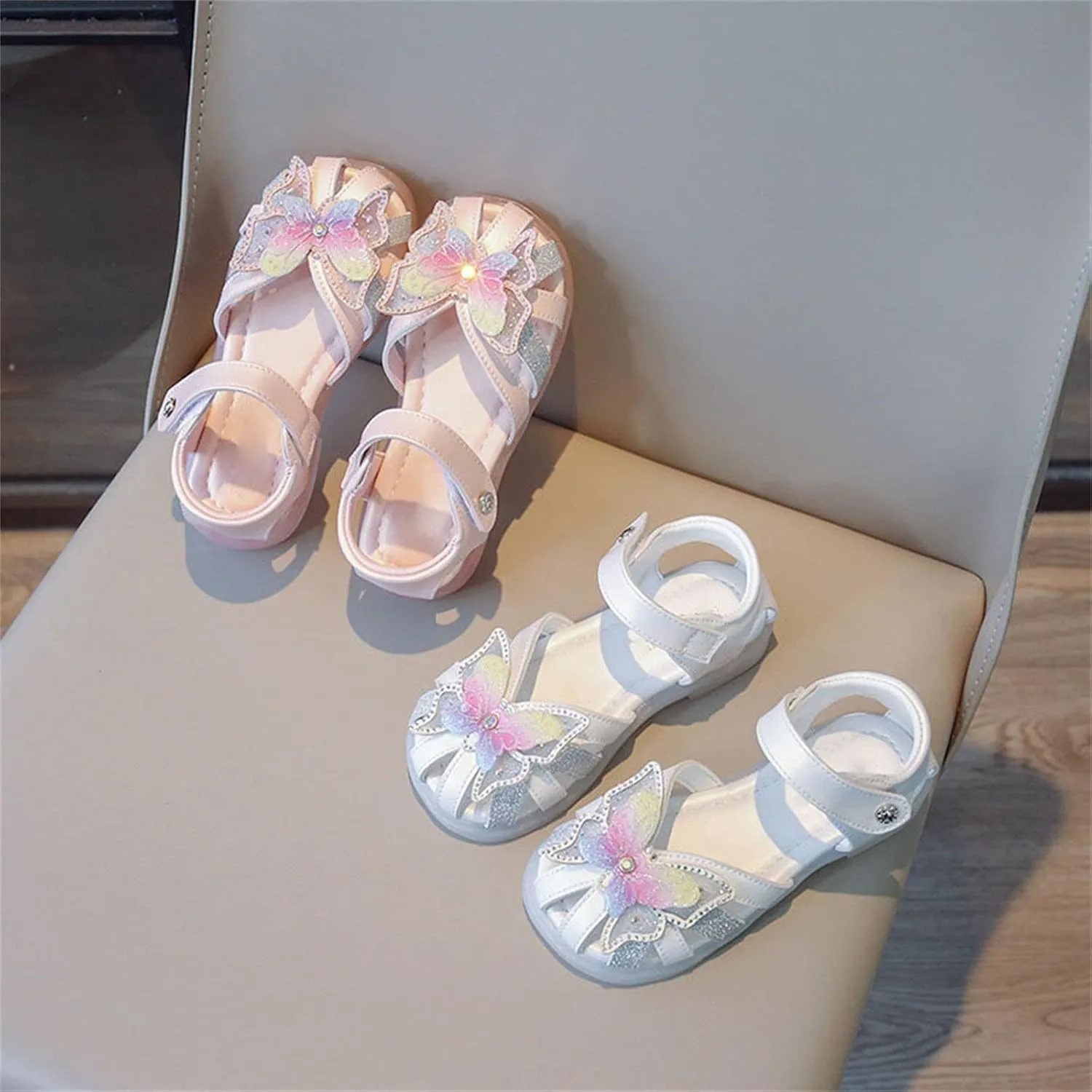 Toddler Girls 3D Butterfly Print Sandals Summer Outdoor Soft Rubber Sole Beach Water Shoes Dress Baby Mary Jane Shoes (White, 13.5 Little Child)