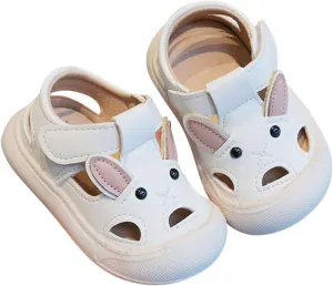 Toddler Girls Cute unny Ears Sandals Closed Toe Hollow Breathable Soft Sole Anti Slip Leather Beach Sport Shoes