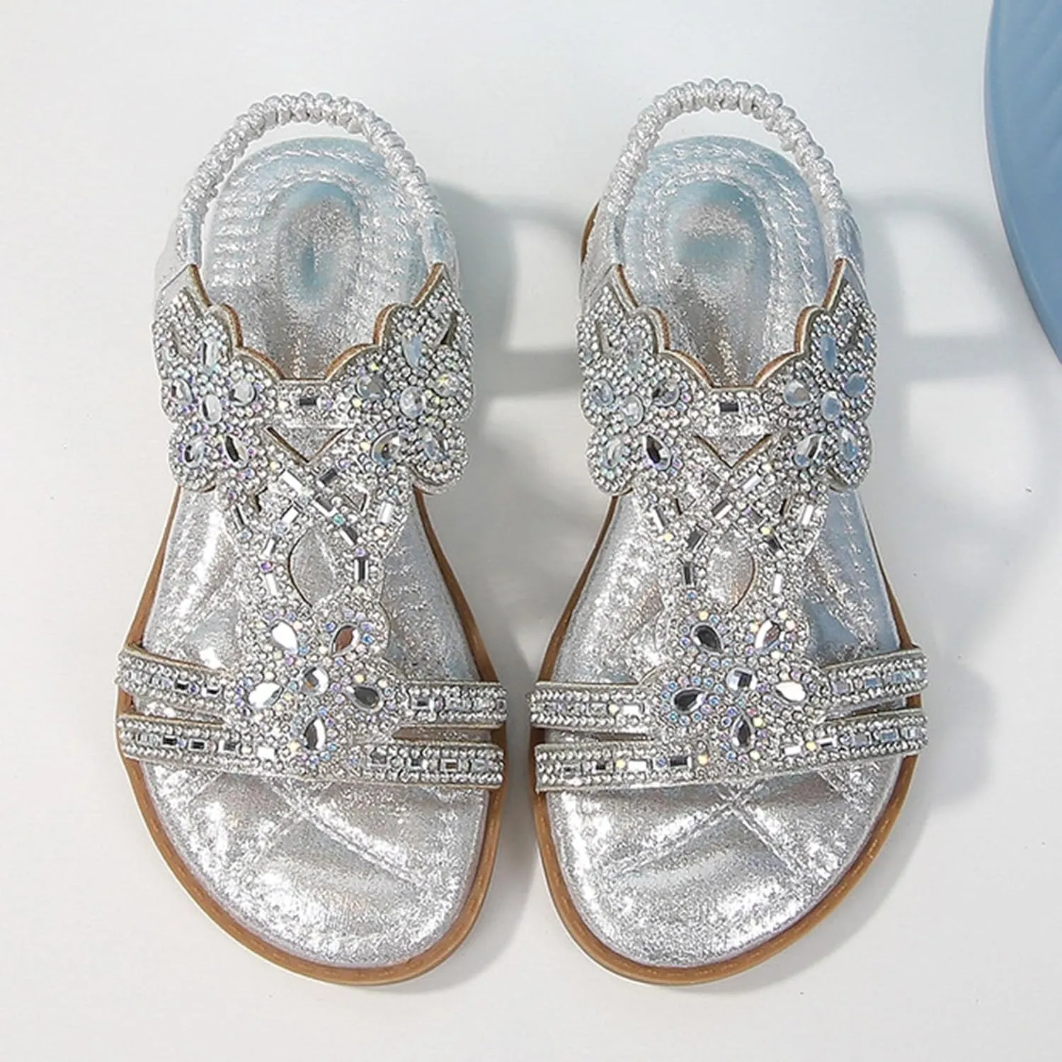 Toddler Girls Glitter Rhinestone Sandals T-Strap Open Toe Kids Sparkly Flat Shoes Soft Beach Summer Outdoor