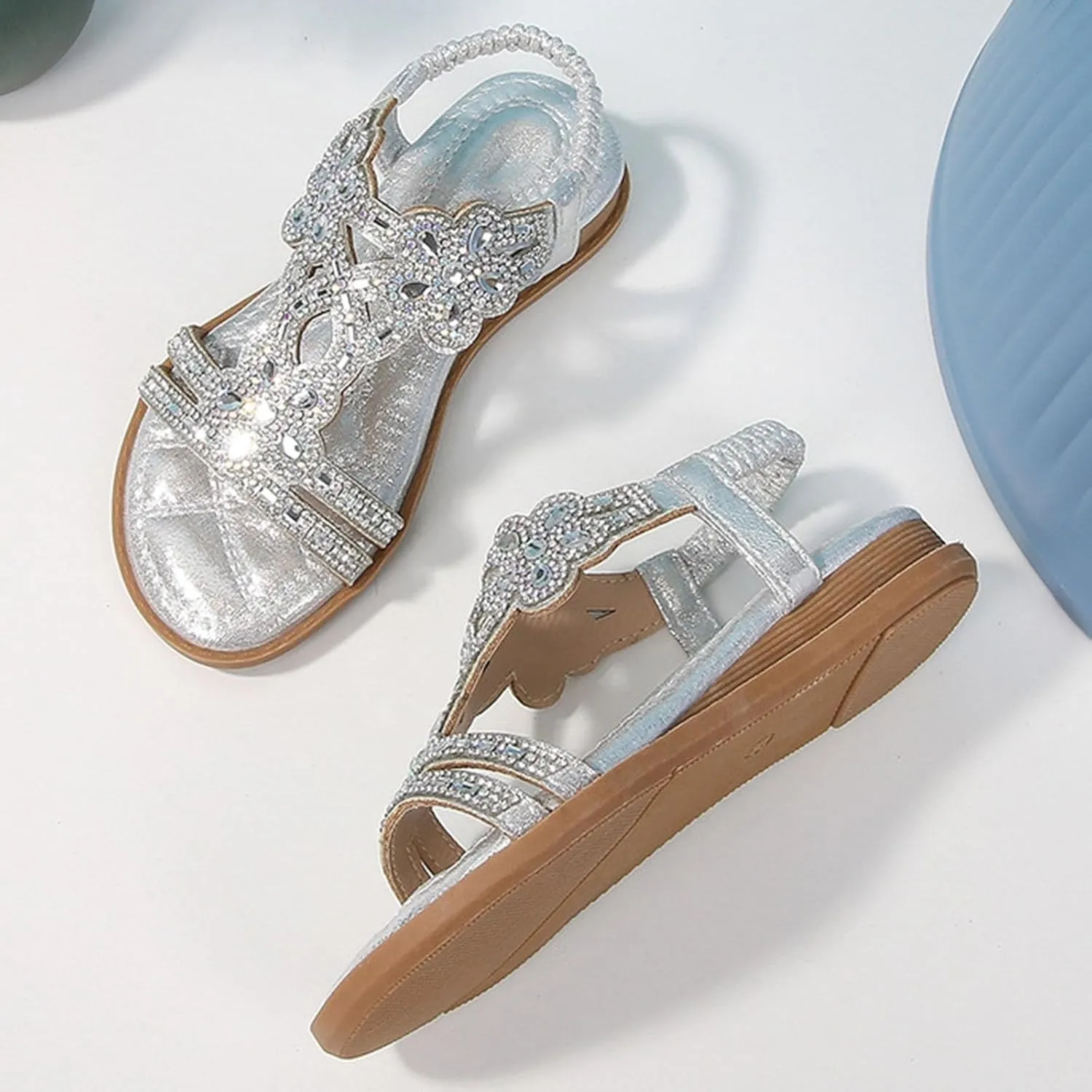 Toddler Girls Glitter Rhinestone Sandals T-Strap Open Toe Kids Sparkly Flat Shoes Soft Beach Summer Outdoor