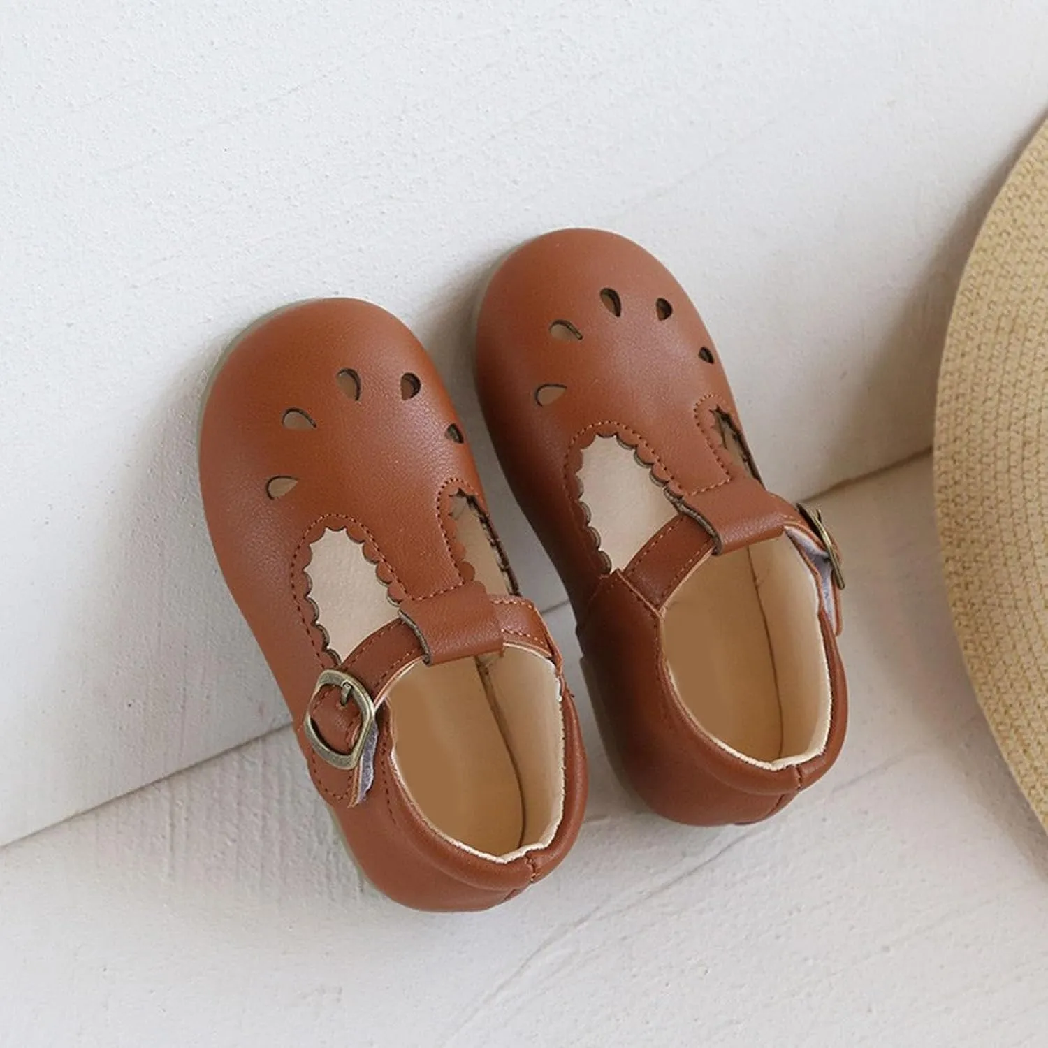 Toddler Girls Leather Lightweight Soft Sole Non-Slip Baby Cute T Strap Dress Shoes Mary Jane Flats Party Wedding