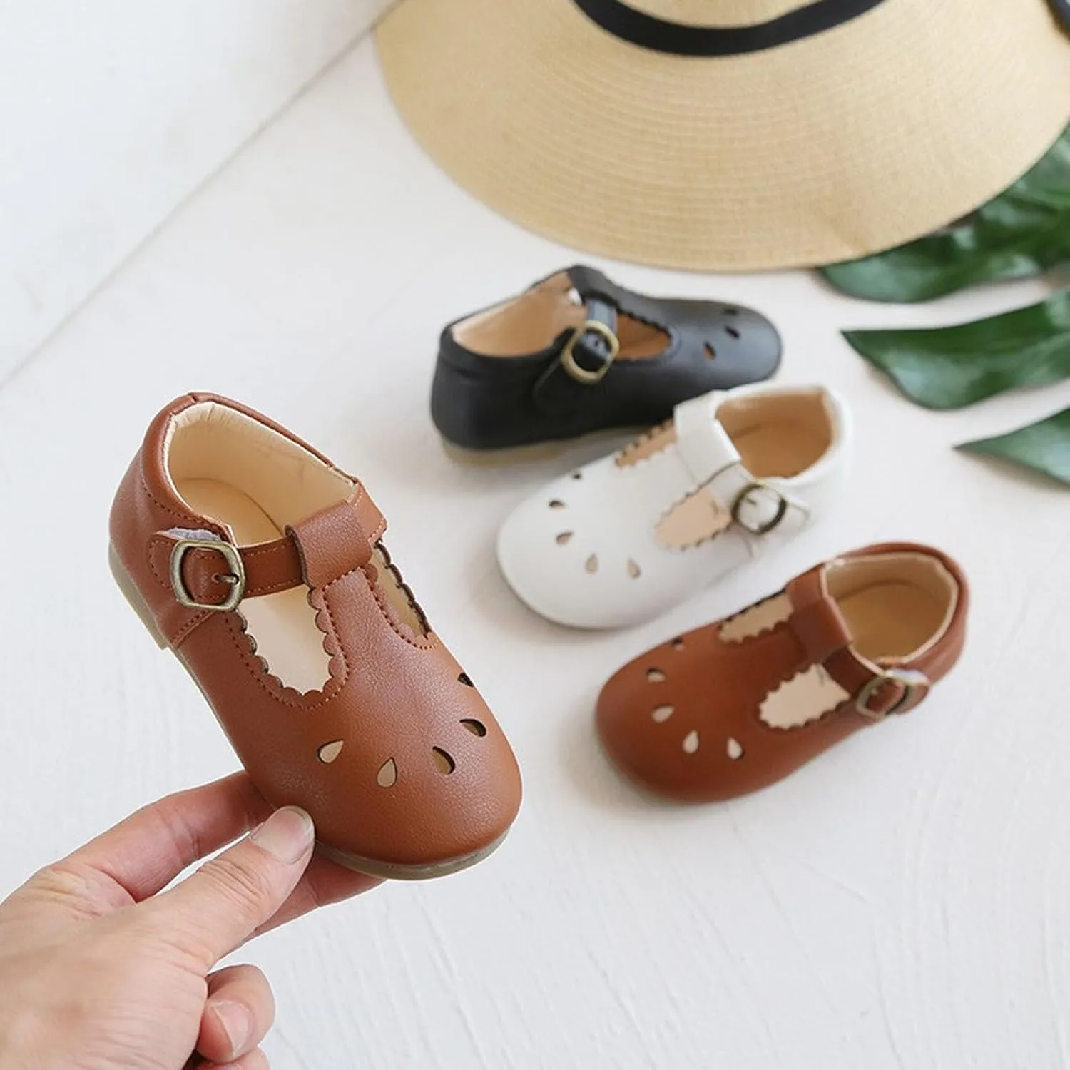 Toddler Girls Leather Lightweight Soft Sole Non-Slip Baby Cute T Strap Dress Shoes Mary Jane Flats Party Wedding